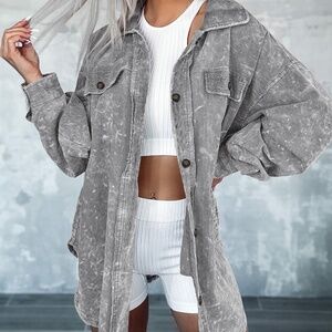 Washed Gray Button-Down Oversized Shirt Jacket